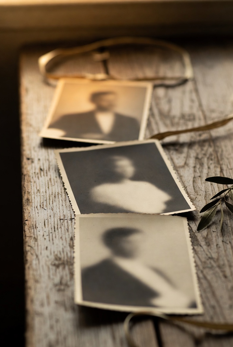 Old family photographs on a wooden table