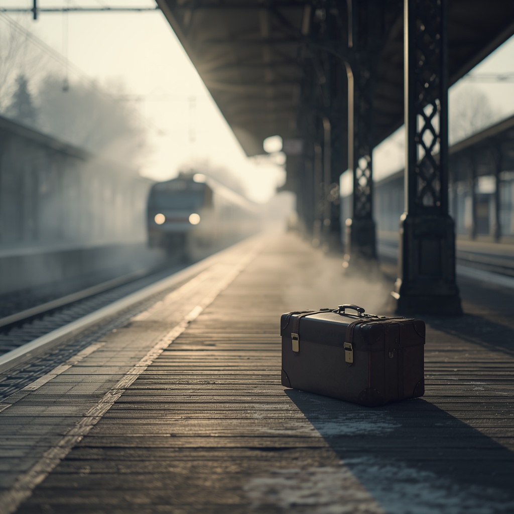 A suitcase on a train platform at dawn
