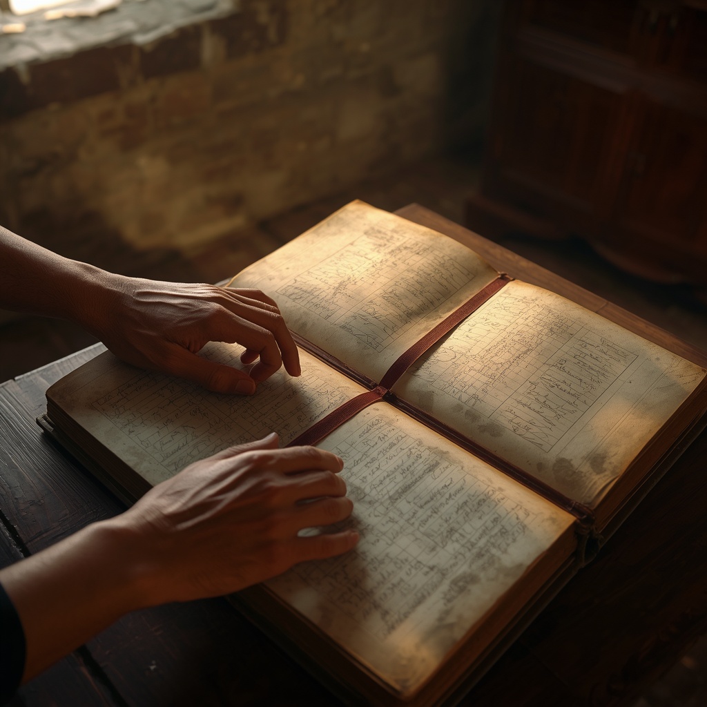 An open archival family ledger being examined by hand