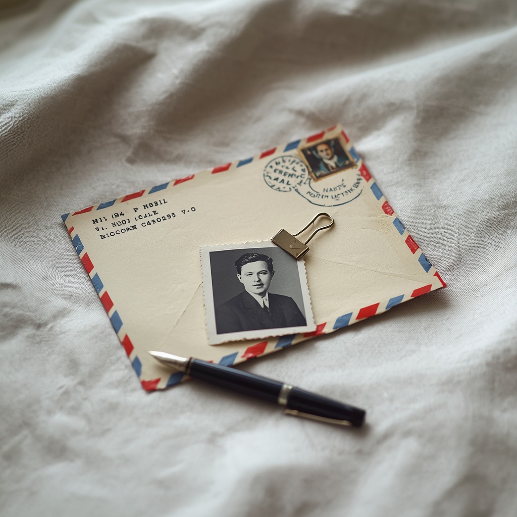 A vintage airmail envelope with a family photograph and fountain pen