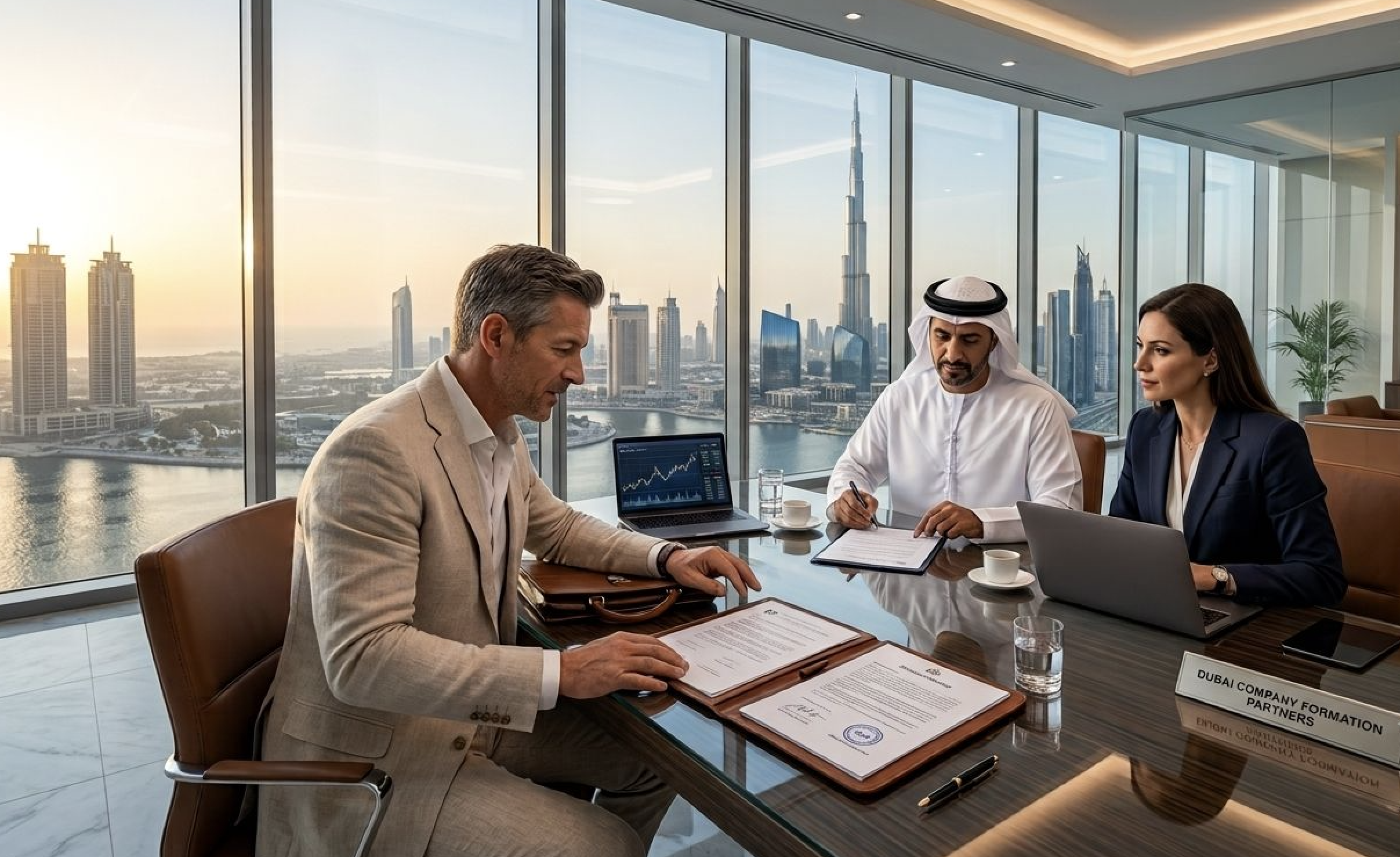 Business partners signing incorporation documents in a Dubai office overlooking the skyline