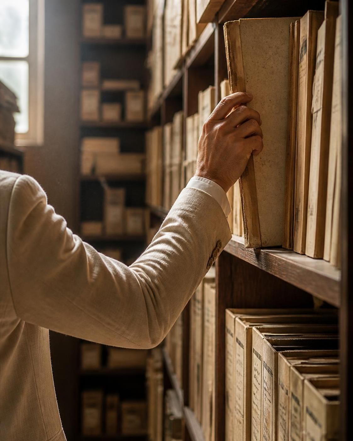 A hand retrieving an archival ledger from a shelf