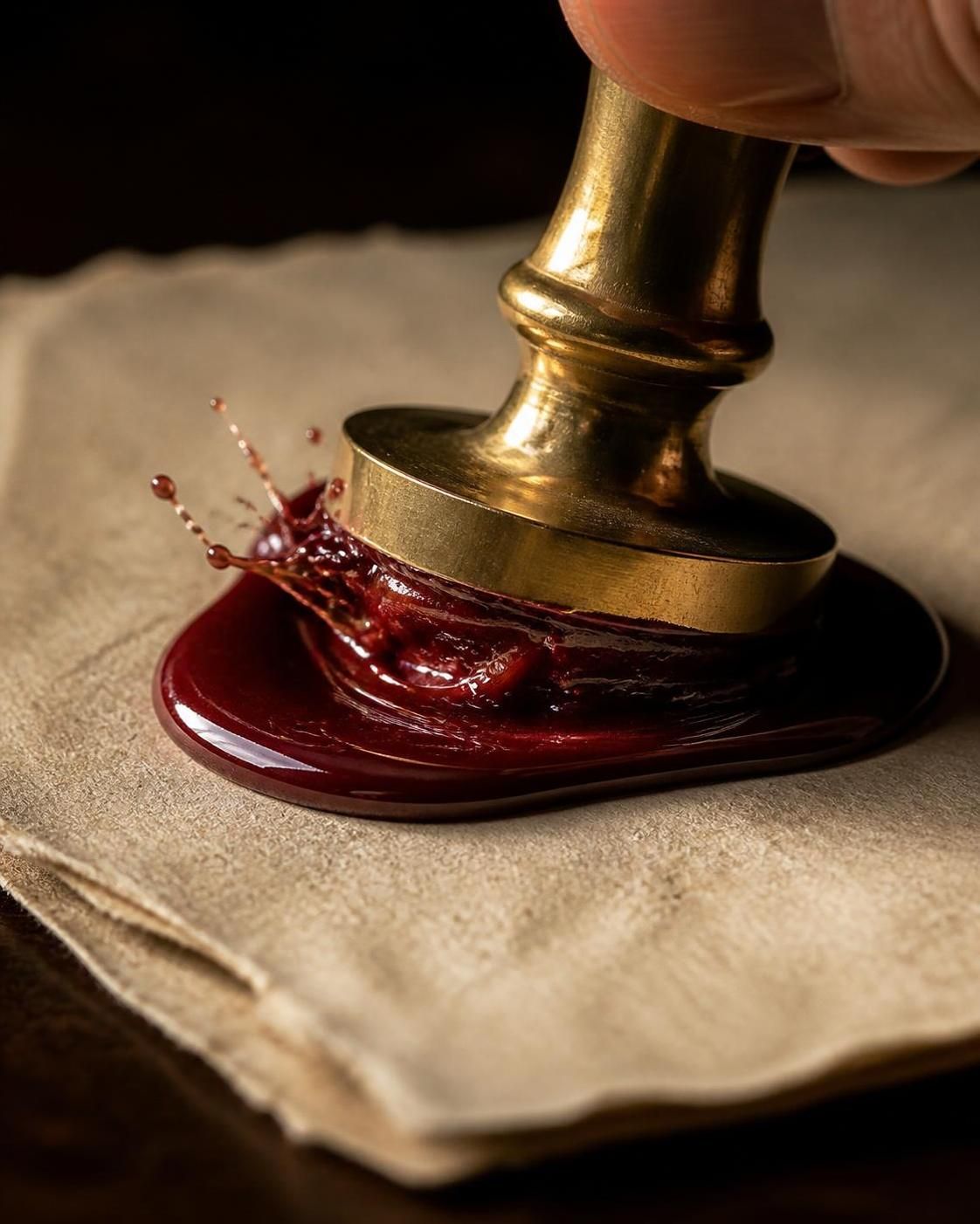 A wax seal being pressed onto parchment
