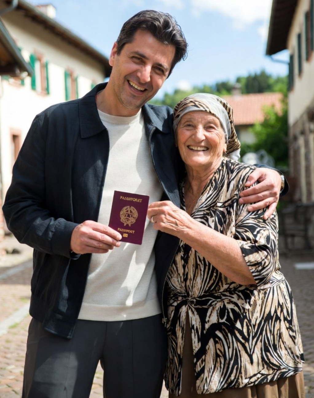 A man and his grandmother smiling together, holding a passport